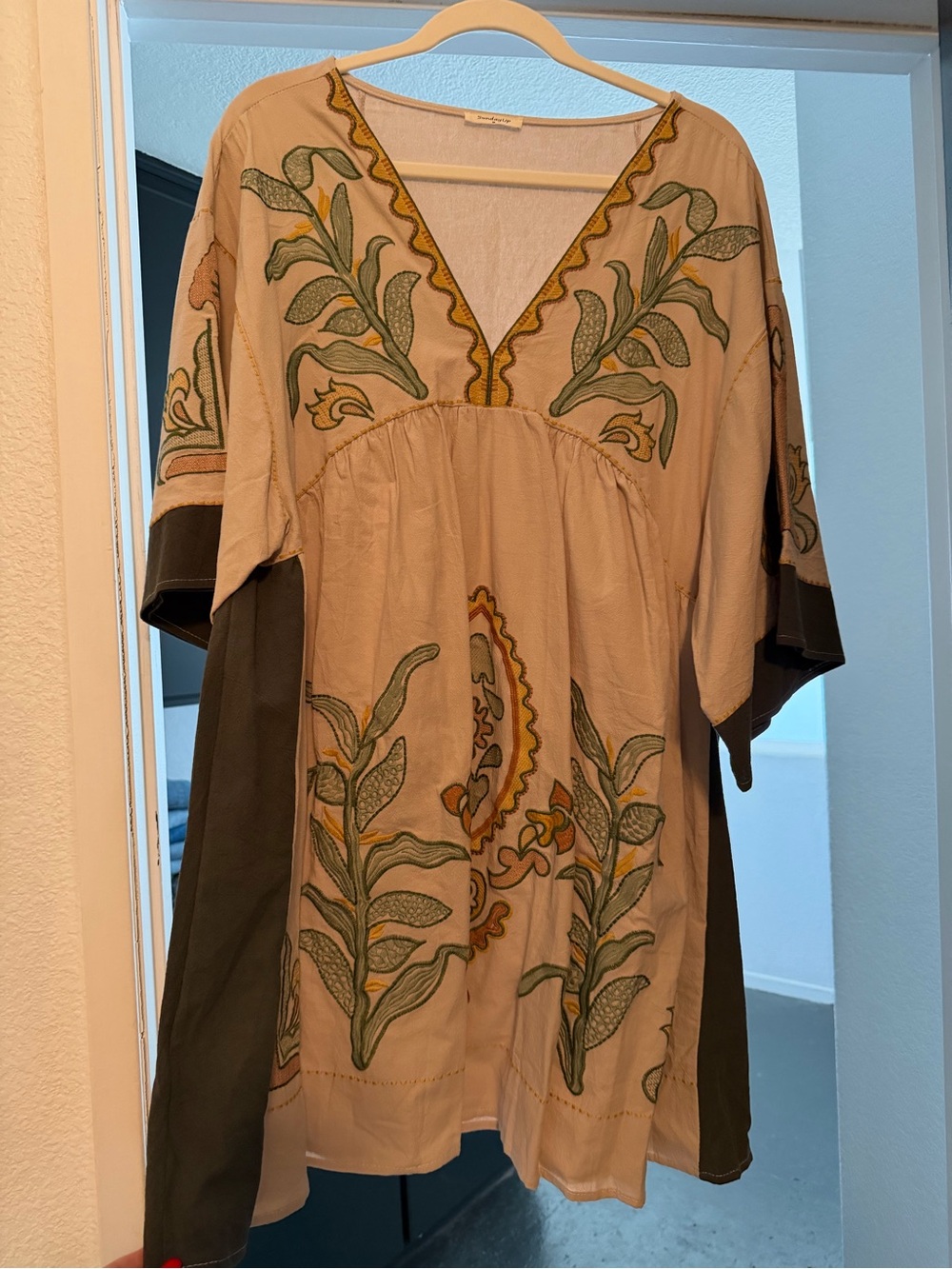Embroidered V-Neck Boho Dress in Cream and Olive